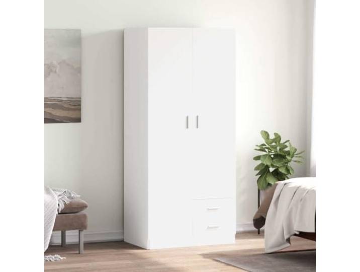 Kleiderschrank Weiß 80x52x180 cm Holzwerkstoff 2 Schubladen, Hängestange, großes Fach, leicht zu reinigen, einfache Montage
