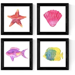 POSTER Set mit 4 Meerestieren 25x25 cm Schwarzer Rahmen