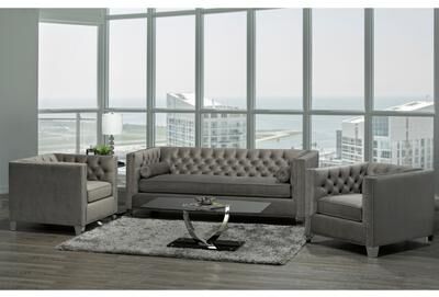 Hank Modern Grey Velvet Tufted Nailhead Sofa and Two Chairs - Natural