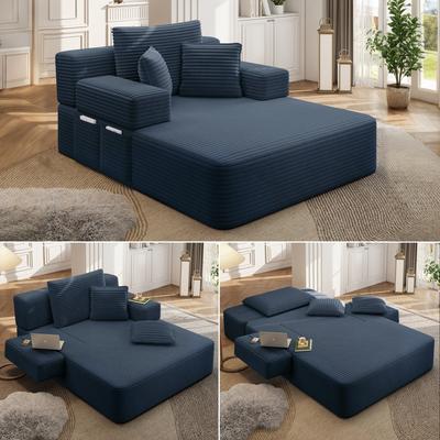 Loedds Oversized Corduroy Chaise Lounge Sleeper Sofa with Storage Pockets and 3 Pillows