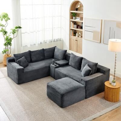 Abrihome "106"" Corduroy Sectional Sofa with Cup Holders and Ottoman"