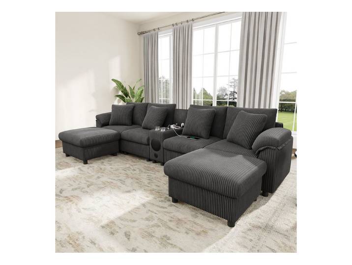 MODFU Wohnlandschaft Mit Konsole, Bluetooth, Wireless Charging & USB, Stauraum, Getränkehalter & Kissen inklusive 1 Teile, Cord-Sofa 315,5x144x84,5 cm, Grau