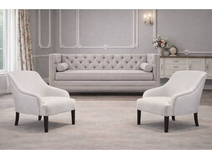 JVmoebel Chesterfield-Sessel Grauer Chesterfield Sessel aus hochwertigem Textilstoff (Packung, 3-St., Chesterfield Maße, Sessel Maße), Made in Europe