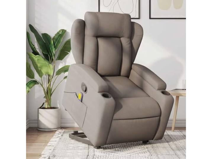 NLQMSU Massagesessel, neigbar, Stoff, Taupe Elektrisches Heben, Neigung 135 Grad, 6 Vibrationspunkte, Fernbedienung, Getränkehalter, Seitentasche, Rahmen aus Holz