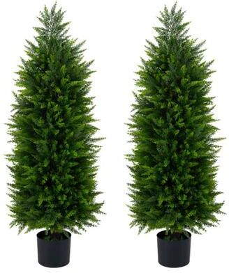 Costway 4 FT Artificial Topiary Tree Set of 2 Faux Cedar Cypress Plants in Cement-Filled Pots-Green