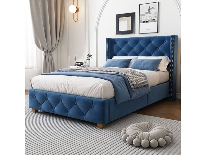 Lit Simple 90×200 cm avec Tête Capitonnée et Clous Sans Matelas Velours Bleu - UVRION