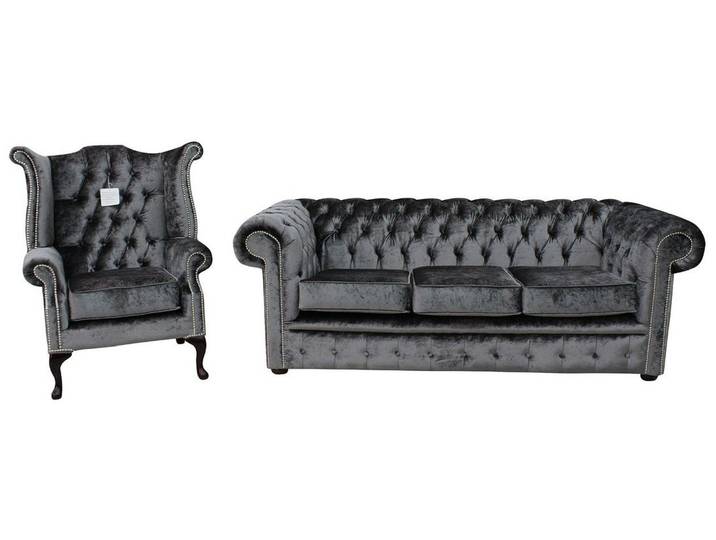 JVmoebel Chesterfield-Sofa Elegantes Sofadesign mit Ohrensessel in Grau und Samtoptik, 2 Teile, Made in Europa