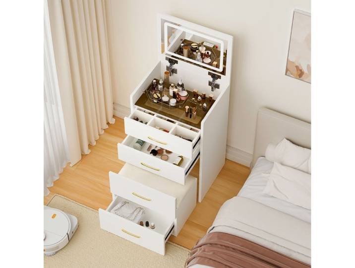 Coiffeuse 3 en 1 avec Miroir Ouvert Petite Coiffeuse avec Plateau en Verre Transparent Grand Espace de Rangement avec 3 Tiroirs