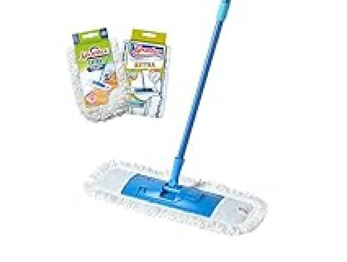 Spontex Balai Extra-Plat Nettoyage Polyvalent des Sols, Frange en Microfibre, Manche Télescopique 80–140 cm 2 Recharges