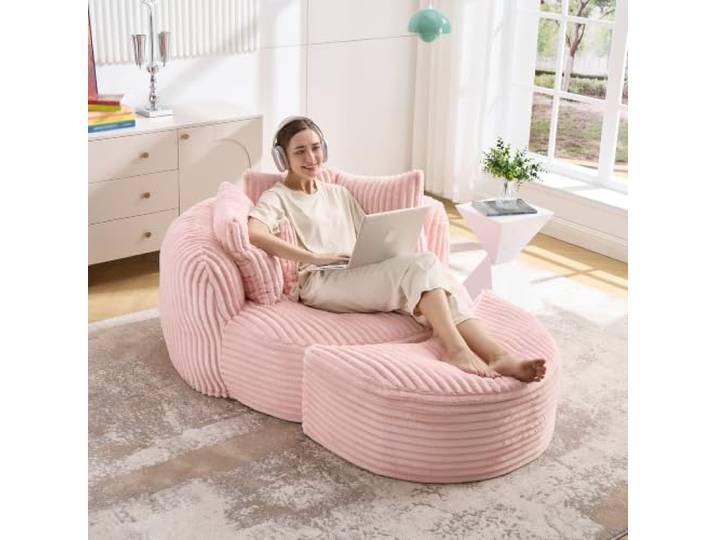 QQJIN Sofabett Ohne Beine mit Fußstuhl, Großes Runder Sitzbrett Großformatiger, Weicher Stoff und Kordelstoff-Sitzlehne für Wohnzimmer, Spielzimmer
