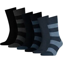 TOMMY HILFIGER Herren Socken, 6er Pack - Rugby Sock, Strümpfe, Streifen, uni/gestreift Schwarz/Dunkelblau/Blau Denim / 43-46