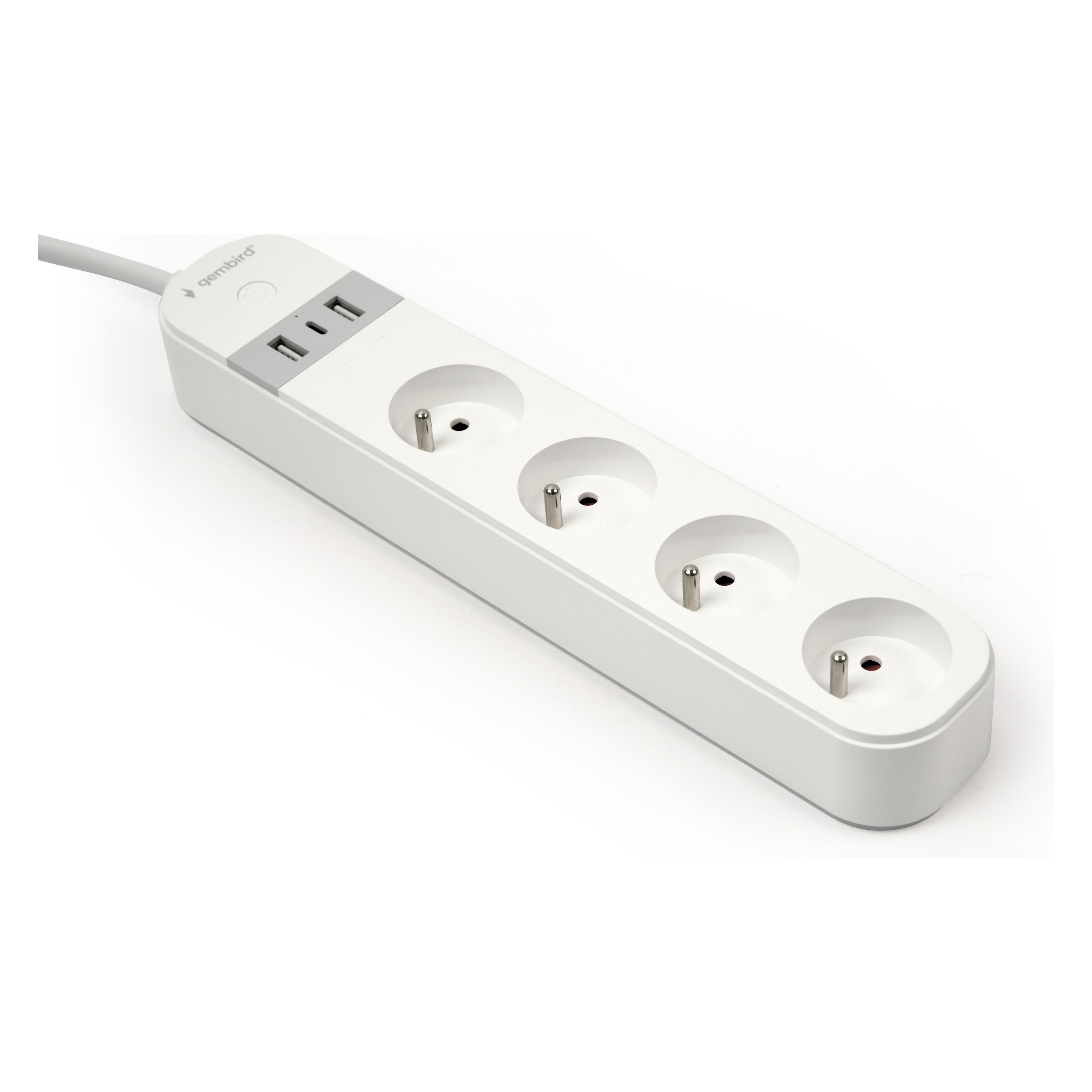 Gembird Smart Steckdosenleiste mit USB-Ladegerät 4 französische Steckdosen Weiss (4x, CEE 7/4, 1.50 m) (TSL-PS-F4U-01-W)