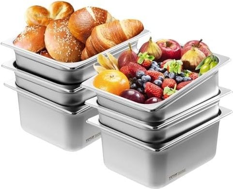 Vevor Gastronormbak 1/2, set van 6 stuks, roestvrij staal, zilver, B: 32,5 cm, D: 26,6 cm, H: 14,8 cm