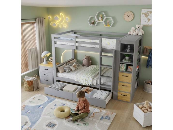 i@home Etagenbett Kinderbett 90x200 cm, Etagenbett mit Stauraumtreppe, mit Bettkästen, Multifunktionsbett, Bettgestell mit Fallschutzgitter für 2 Kinder,grau