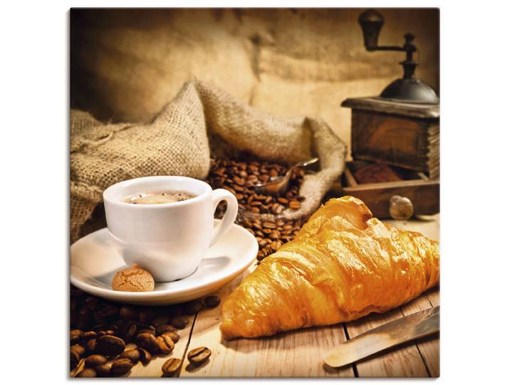 Leinwandbild ARTLAND Kaffeetasse mit Croissant , braun (farbe bild(er): braun), B:30cm H:30cm, Bilder, Leinwandbild, auf Holzrahmen gespannt