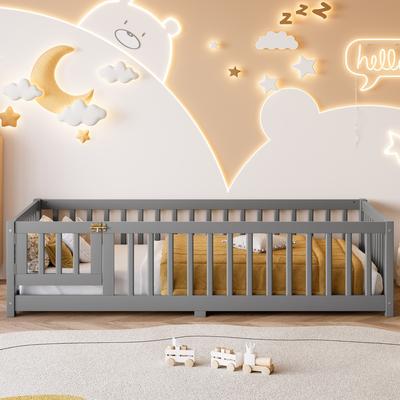 ZWYO HOSIMU Twin Size Pine + Plywood Floor Bed for Kids with Safety Guardrails and Door, Removable Slats, Low Profile Design