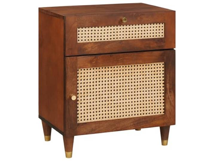 HEFZGDB Nachttisch Braun Rattan und Massivholz Mango Küstenstil mit Stauraum für Schlafzimmer Einrichtung