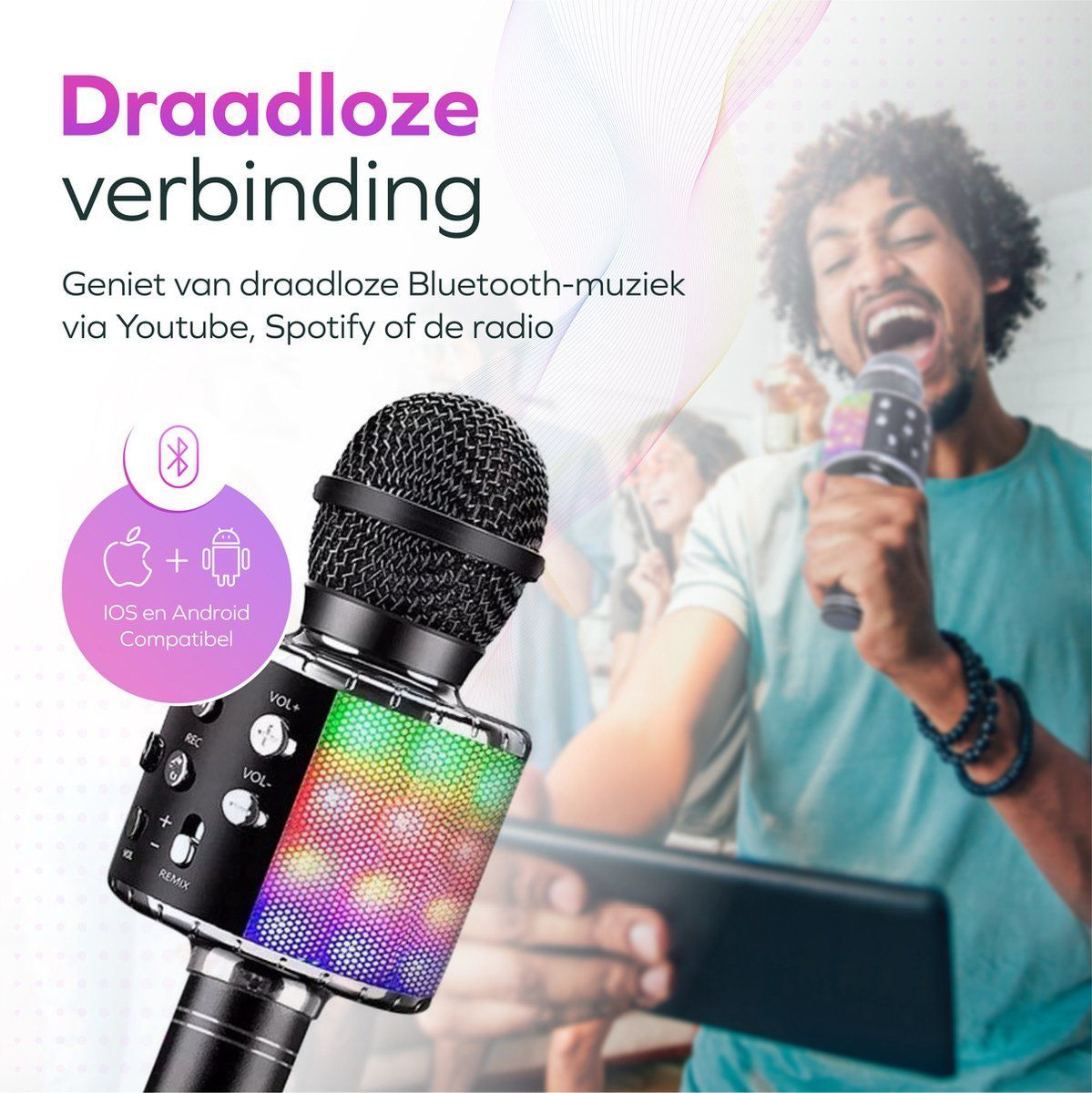 BP Draadloze Karaoke Microfoon met Speaker, 5 Stemvervormers, Echo en LED Licht