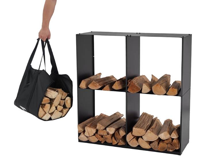 Lendo Online brandhoutrek 80x28x80cm + draagtas– Binnen en buiten - haardhout opslag – haardhoutrek – houtrek - houtopslag – zwart - metaal