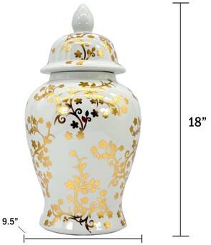 Galt International "18"" Gold & White Ceramic Floral Blossom Ginger Jar"