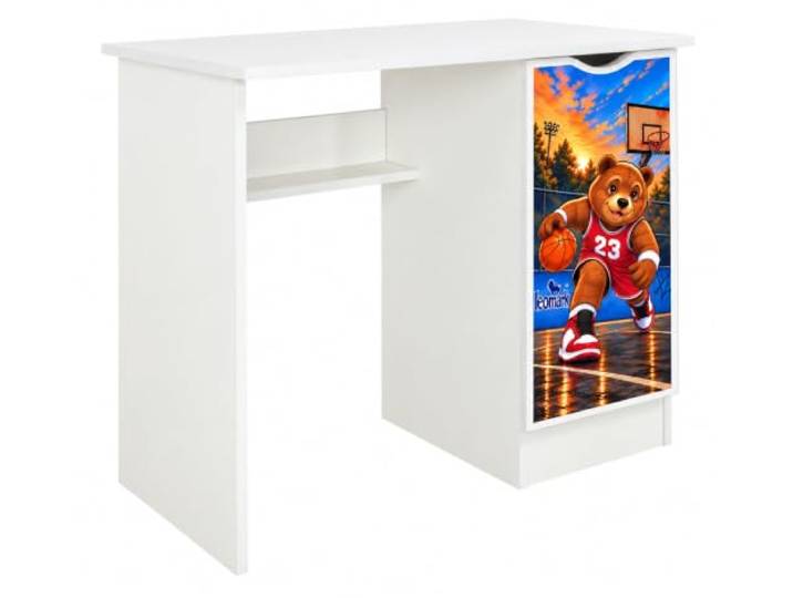 Leomark Kinderschreibtisch Roma mit Schrank, 90x50x77 cm, Streetballmotiv Weißes Möbel mit verstellbarem Regal und UV-Druck für Lernen, Zeichnen und Computer im Kinder- oder Jugendzimmer