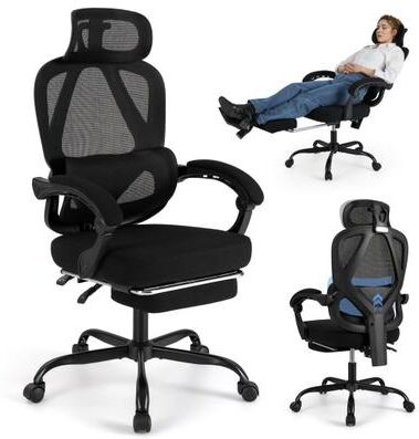 Costway Ergonomic Office Chair High Back Mesh Desk Chair with Retractable Footrest-Black
