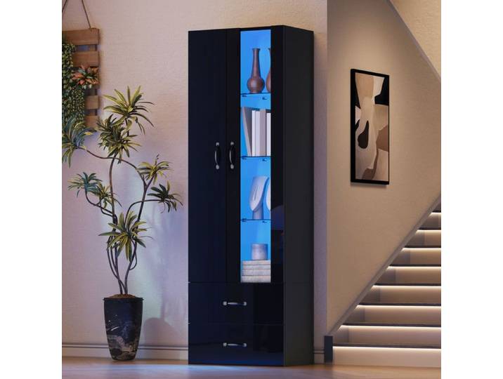 Vitrine autoportante à porte transparente avec éclairage LED meuble latéral à double porte design minimaliste moderne noir.