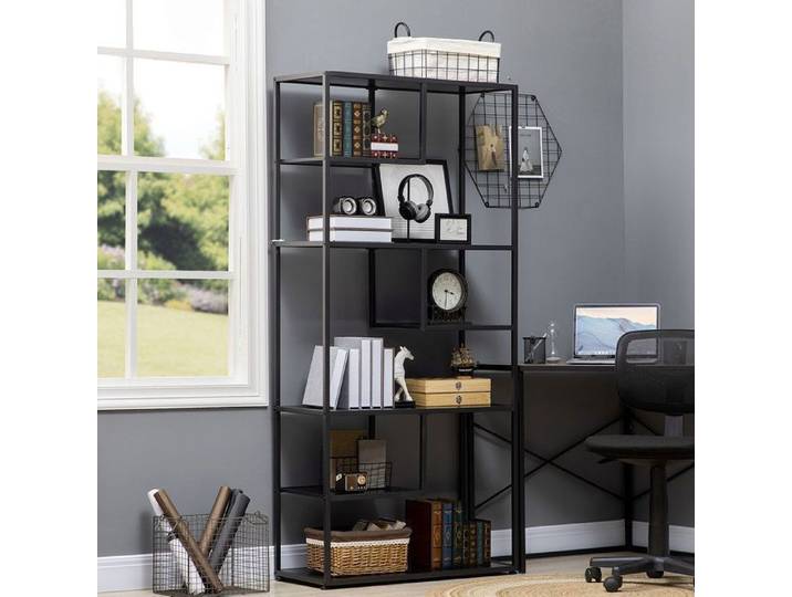 Bibliothèque 7 niveaux style industriel acier noir 83x34x180cm étagère rangement montage simple meuble salon chambre