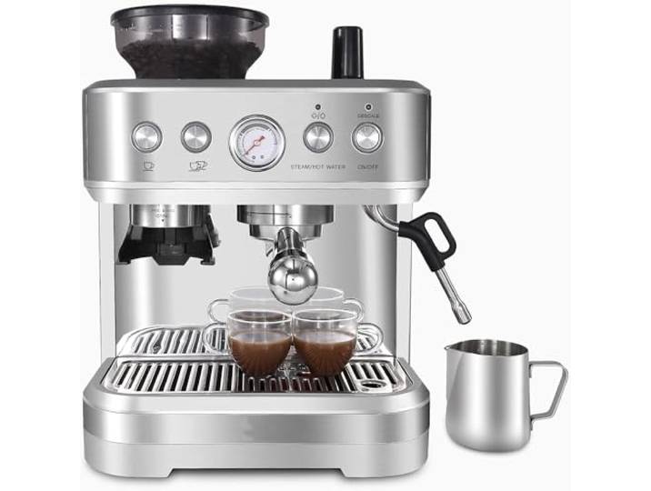 Acekool Espressomaschine, 2.3 L Wassertank 15-Bar-Extraktionsdruck, Espresso Siebträgermaschine mit integriertem Mahlwerk und professioneller Milchschaumdüse für Cappuccino Latte, Silber, edelstahl
