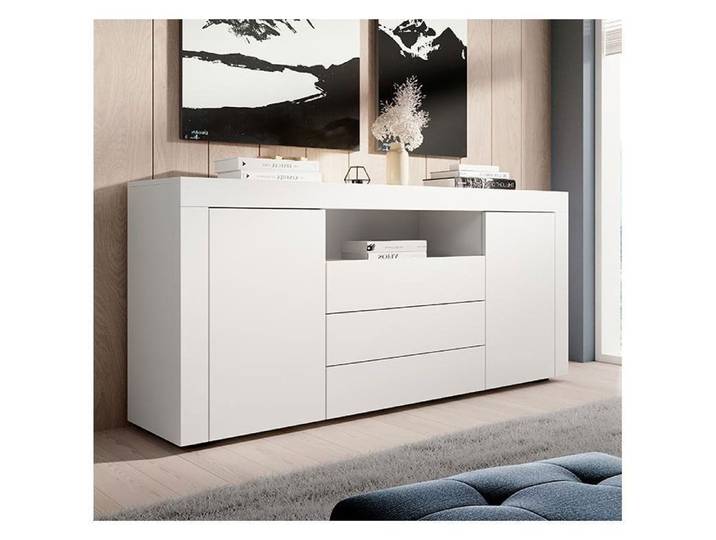 Buffet Bahut de Salon YANIS - 160 cm - 2 Portes et 3 Tiroirs - Enfilade Blanc Mat - Style Scandinave Moderne - Designameublement
