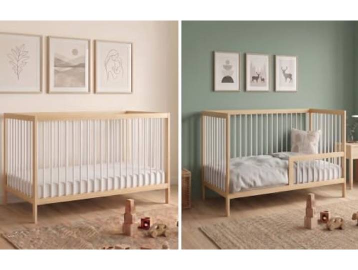 Kids Collective Babybett Kinderbett Gitterbett mit Rausfallschutz Baby Bett stabiles Buchenholz Juniorbett Made in Europe Kinderzimmer Jugendzimmer Möbel 60x120 cm Natur mit Weiß