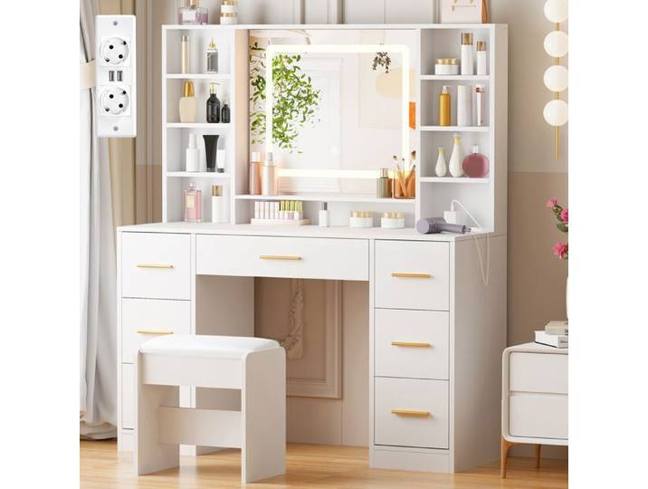 Coiffeuse Grande avec Miroir et Tabouret LED Réglable Prise et Port USB 7 Tiroirs de Rangement Blanc