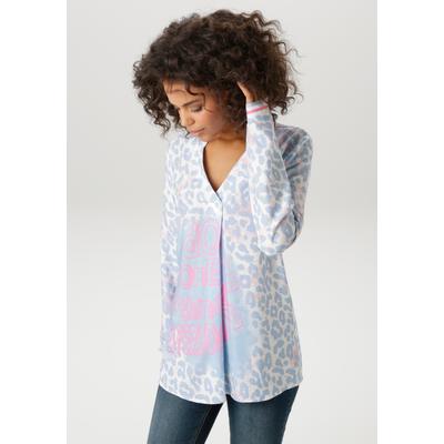 Schlupfbluse ANISTON CASUAL, Damen, Gr. 40, blau (wollweiß, türkis, jeansblau, pink, malve), Web, Obermaterial: 100% Viskose, bedruckt, lässig geschnitten hüftbedeckend, V-Ausschnitt, 1-Knopf-Manschette, Blusen Schlupfbluse, mit...