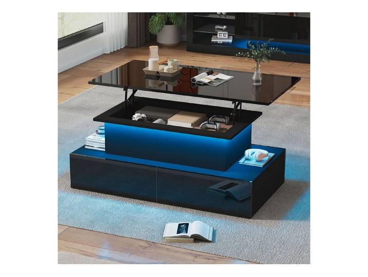 CARPAT SPORT Couchtisch Höhenverstellbarer Couchtisch Mit LED Beleuchtung Und Schublade (Moderner Beistelltisch 90x55x41 cm mit ausziehbarer Tischplatte), Couchtisch mit Stauraum, Click-to-Open Schubladen & App-LED