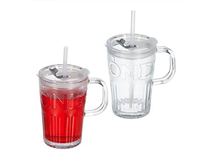 Relaxdays drinkglazen met handvat, set van 2, rietje en deksel, 450 ml, limonadeglazen, drinkopening, transparant