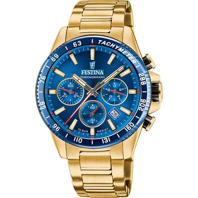Chronograph FESTINA "Timeless Chronograph", gold (goldfarben, blau, blau), Armbanduhren, Herren, goldfarben, Chronograph, Armbanduhr, Quarzuhr, Herrenuhr, Stoppfunktion, Edelstahlarmband