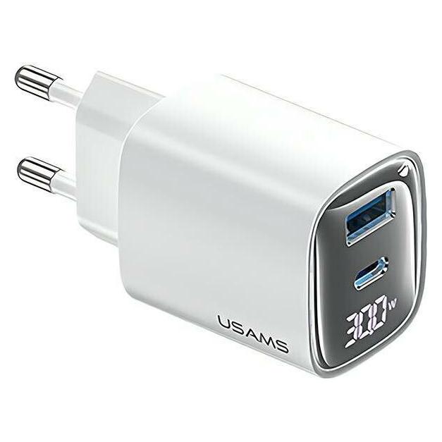 Usams Ład. siec. CC229 30W GaN USB-C/USB-A Fast Charging XC Series biały/white CC229TC02 (30 W, 2 Ports) (USA001441)