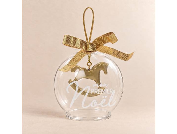 Weihnachtskugel aus durchsichtigem Glas, Schaukelpferd und goldene Schleife