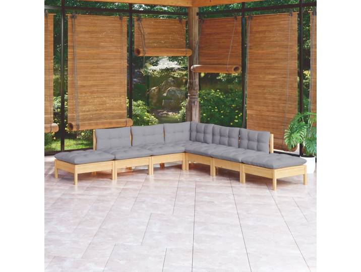 vidaXL 7-tlg. Garten-Lounge-Set mit Grauen Kissen Kiefernholz