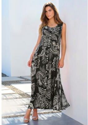 Plus Size Women's Plus Size Sleveless Hand-Crinkled Button-Front A-Line Maxi - Curvy Breezy Dress by Roaman's in Black Paisley Stencil (Size 34/36)