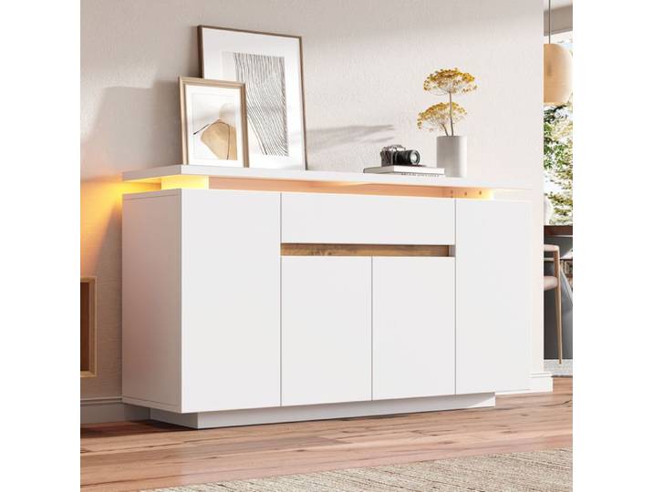 Buffet moderne avec éclairage LED - Bahut 1 tiroir 4 portes - 140x40x80 cm - Buffet de salon cuisine - Meuble de rangement - Blanc