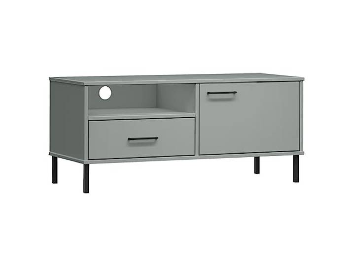 Roanoer TV Lowboard Massivholz Kiefer Fernsehtisch Grau 106 cm Oslo Rustikales Mediencenter fürs Wohnzimmer oder Schlafzimmer mit Fach, Tür und Schublade auf stabilen Metallbeinen.