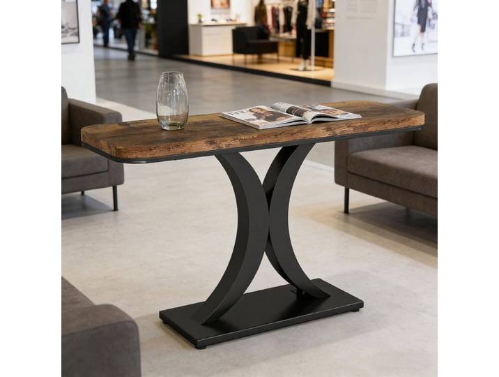 Console style industriel moderne grain bois brun base métallique noire mate dessus épais incurvé 100x29.5cm polyvalente