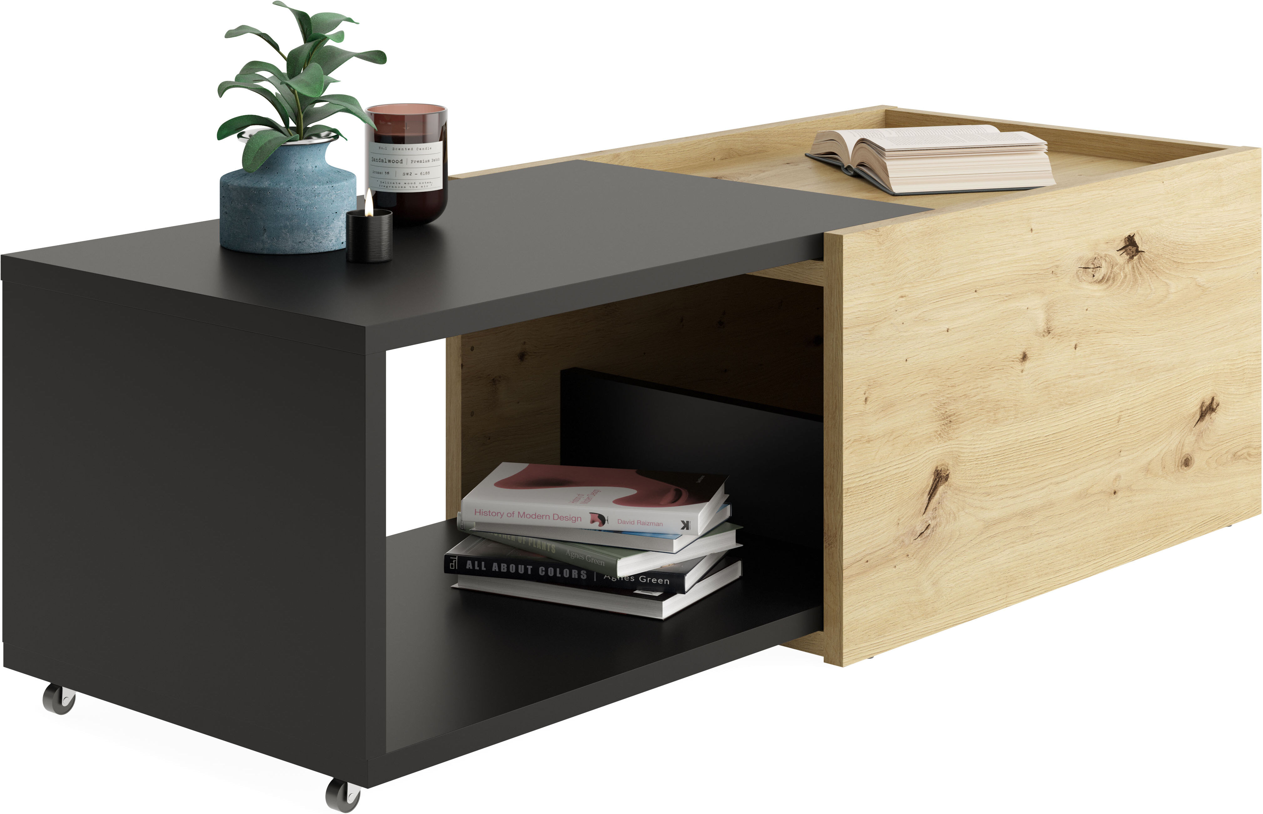 Couchtisch FMD "Slide", schwarz (artisan eiche, schwarz perl, artisan eiche, schwarz perl, artisan eiche, schwarz perl), B:70cm H:38cm T:49,5cm, Tische, Couchtisch, flexibel ausziehbar, mit Rollen, Breite: 70 bis 125 cm artisan eiche, schwarz perl, artisa
