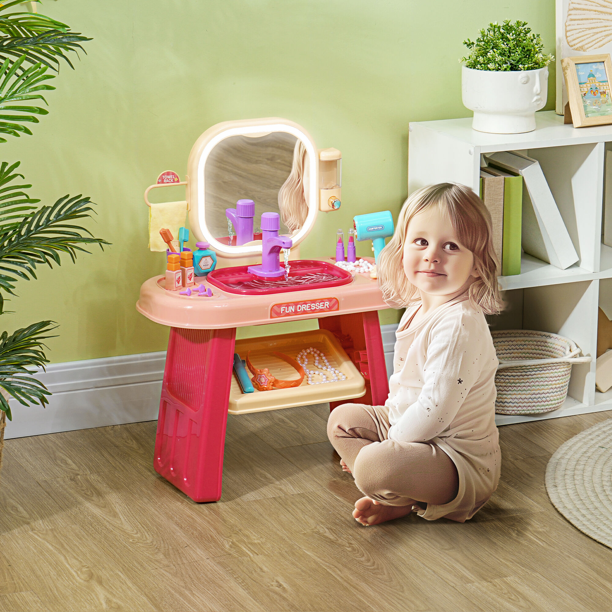 Altro Tavolo Toeletta Per Bambine 3-6 Anni Con Specchio In Acrilico E Rubinetto, In Pp E Gpps, 55x29x71 Cm, Rosa