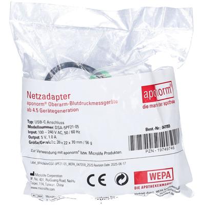 Aponorm Blutdruckmessger.Netzadapter Usb-C Oberarm 1 St Gerät