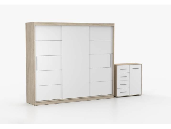 Schwebetürenschrank und Kommode 2er-Set ALBA II/FRIDA MINI 01 Sonoma Eiche Weiß