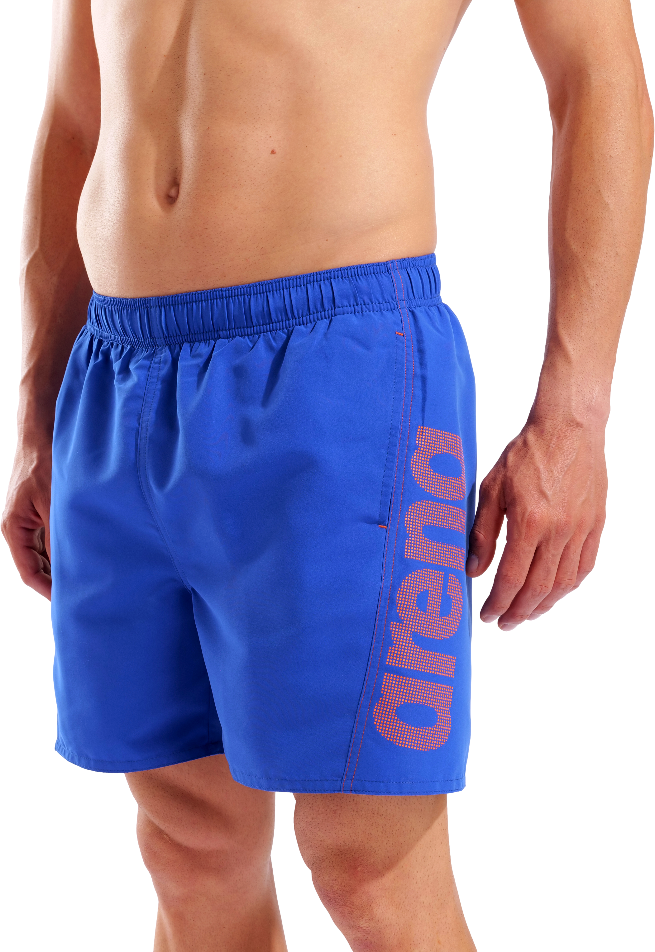 Badeshorts ARENA "FUNDAMENTALS ARENA LOGO BOXER R", Herren, Gr. XL, N-Gr, blau (neon blau, team orange), Obermaterial: 100% Polyester, Badehosen Badeshorts neon blau, team orange XL, N-Gr