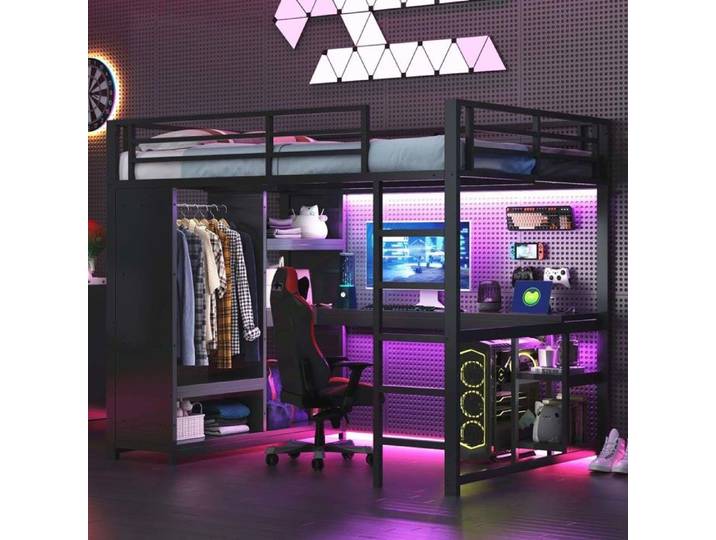 Lit mezzanine gaming - 140x200 - Structure métal noire - Bureau intégré LED - Armoire et rangements