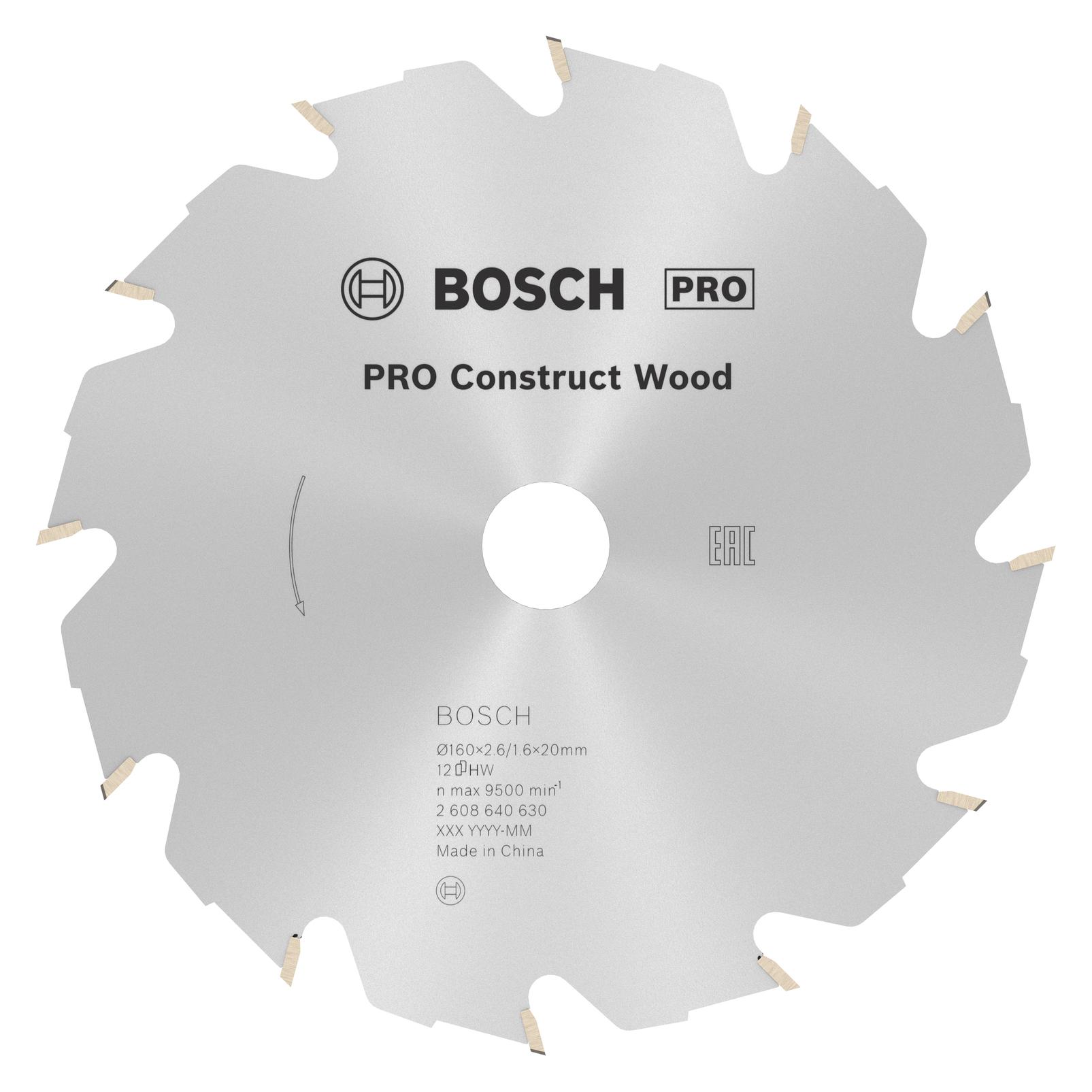Bosch Professional Zubehör PRO Construct Wood Kreissägeblatt, 160 x 2,6 x 20 mm (2608640630)